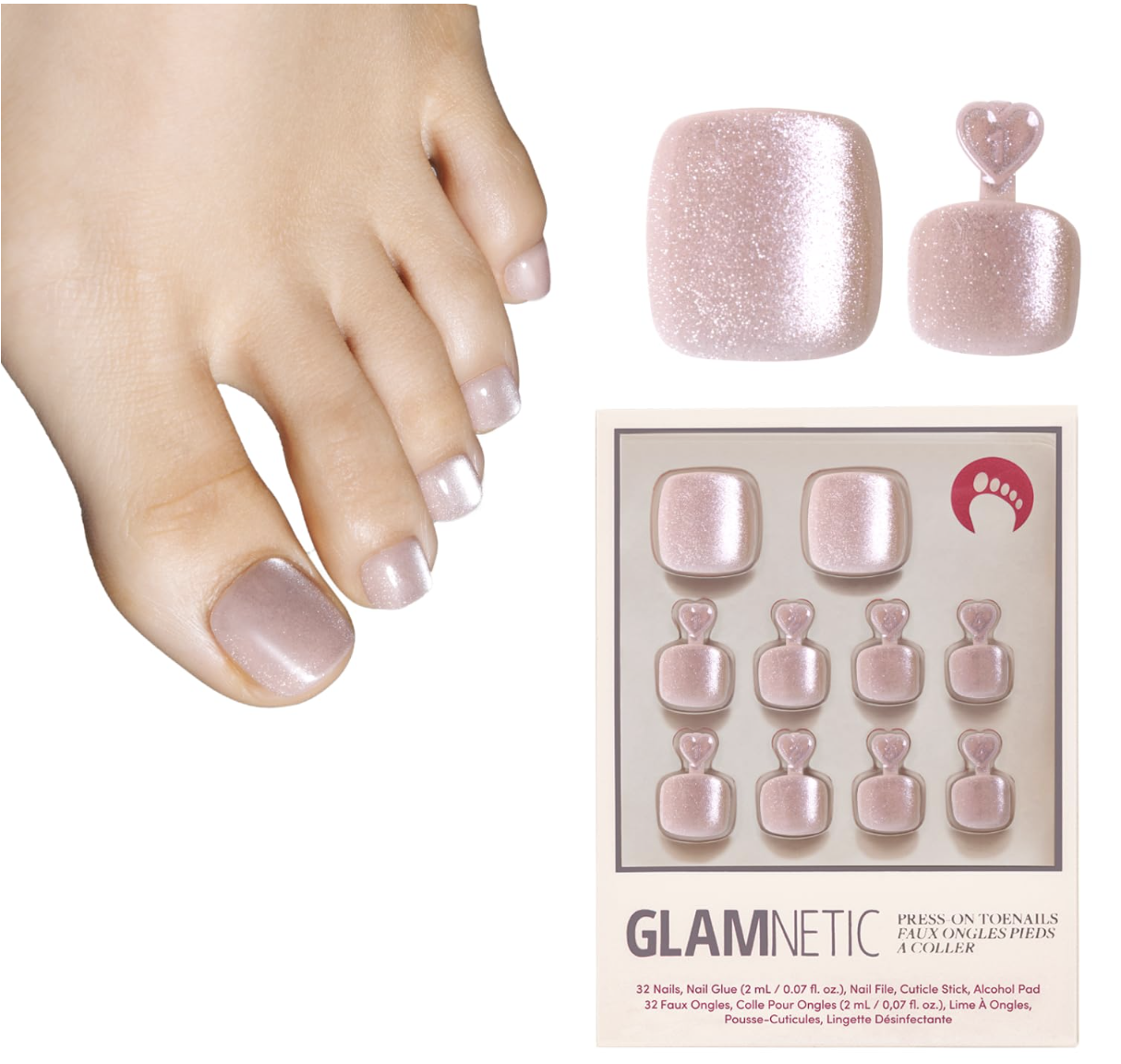 Glamnetic The Vow shimmery pale pink press-on toenails shown on bare toes and in the package.