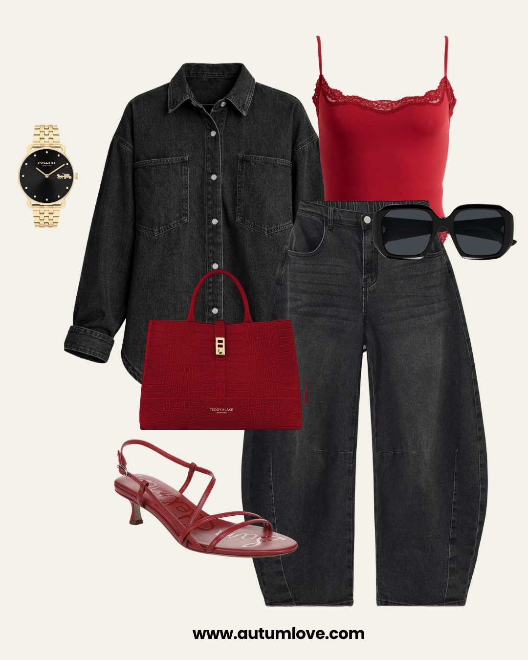Graphic showing how to wear kitten heels with a black denim jacket, grey jeans, a red top, and a burgundy croc-effect Teddy Blake handbag.