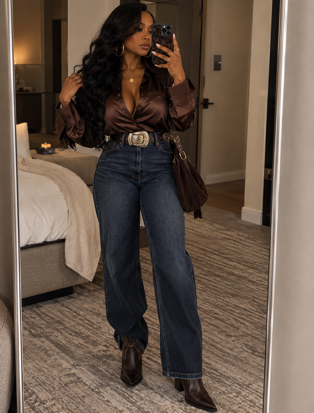 Full-length country concert outfit with dark denim satin blouse