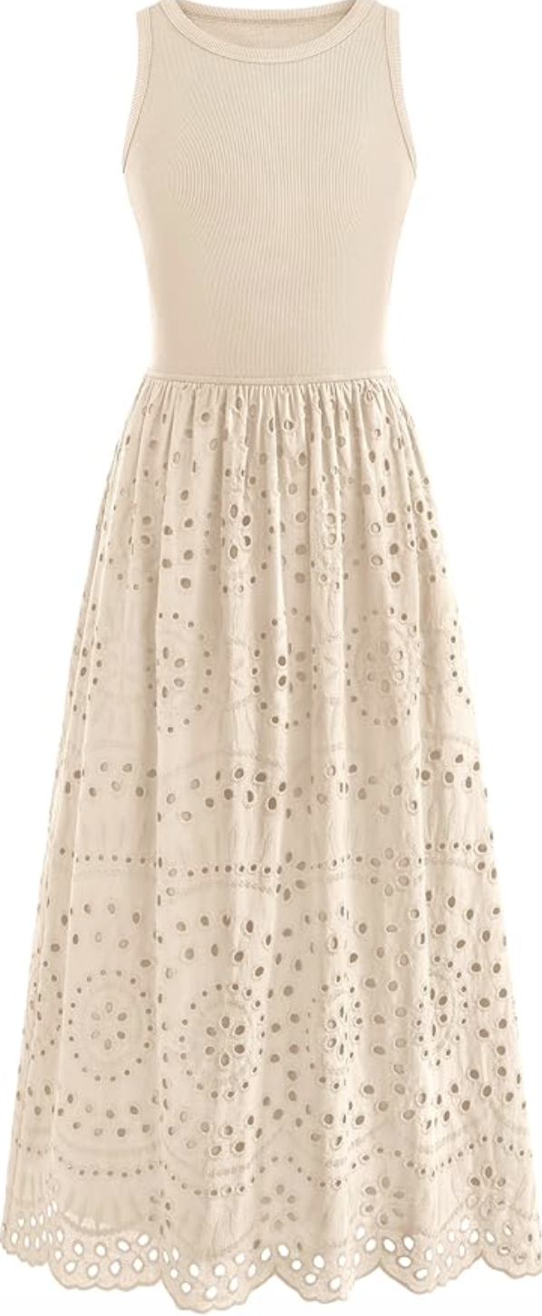 Plus-size beige midi dress featuring a ribbed tank bodice and an eyelet lace A-line skirt.