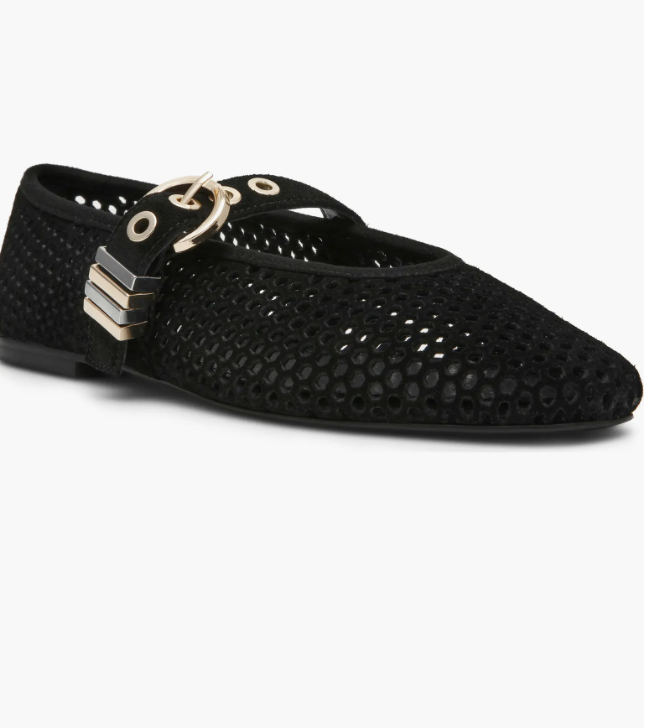 Black perforated double-strap Mary Jane flats with silver buckles.