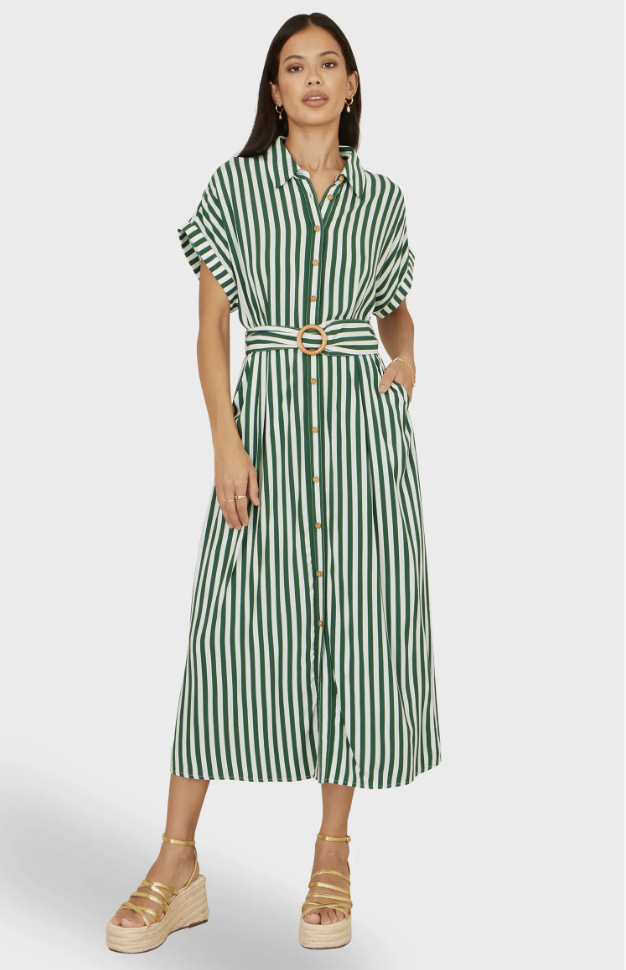 Green and white striped midi dress with espadrille platform sandals.