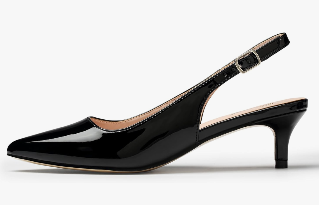 A pair of black pointed toe slingback dressy pumps from Amazon, styled with a blazer and bodysuit to create a continuous vertical line for a big belly.