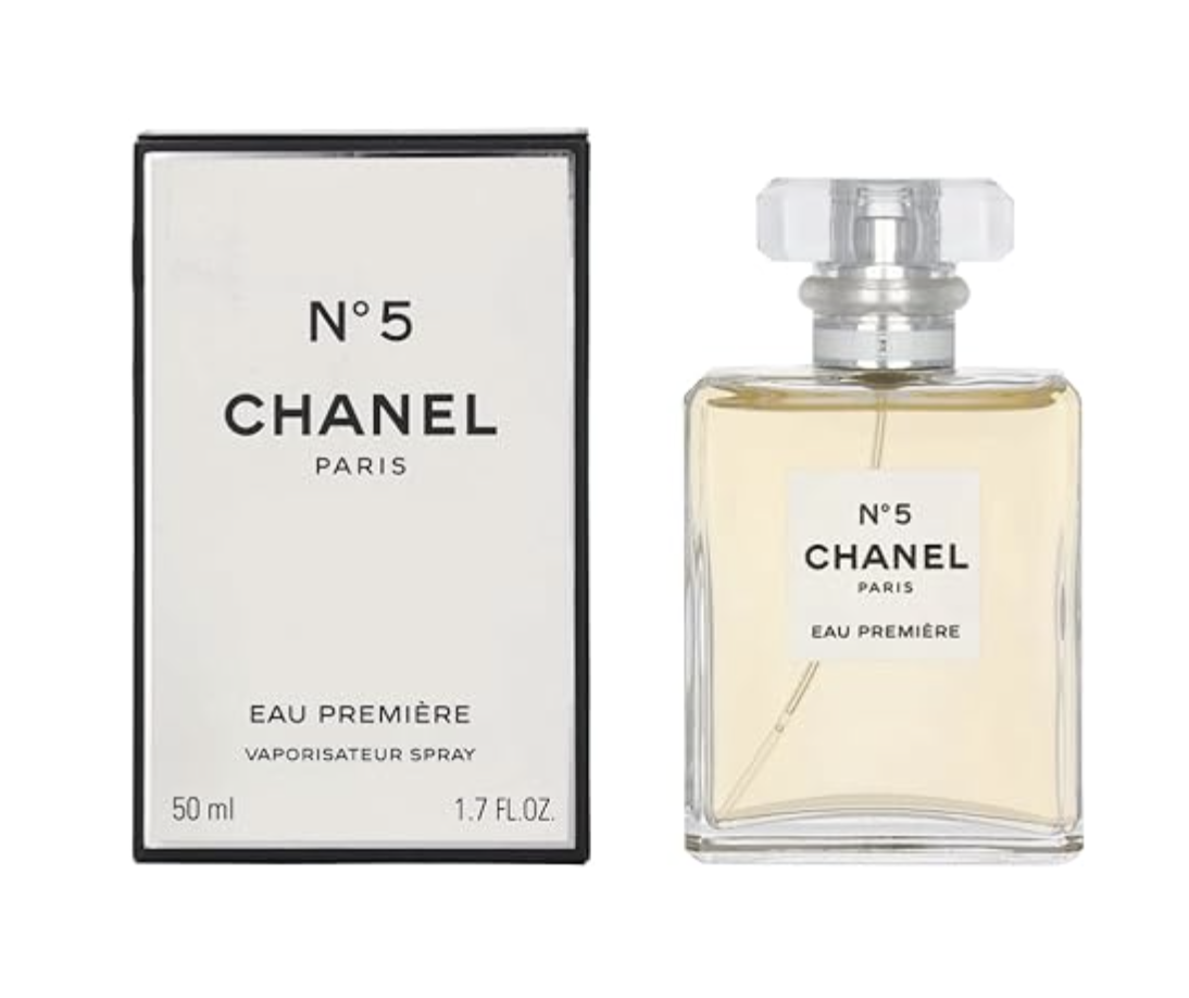 A 1.7-ounce (50ml) bottle of Chanel No. 5 Eau Première featuring a clear glass rectangular design, a minimalist white label with black text, and a faceted crystalline cap next to its matching white and black box.
