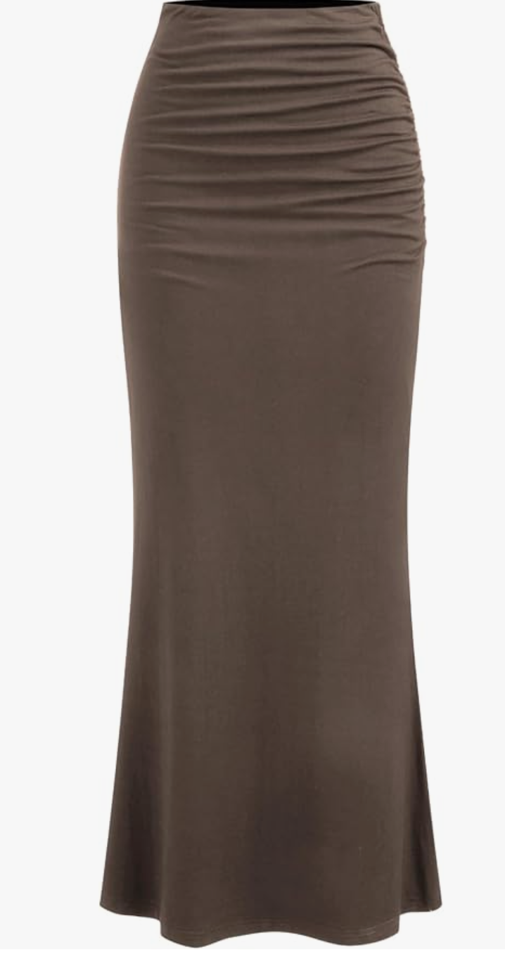 A taupe CIDER Mid Waist Skirt with a comfortable elastic waistband and elegant ruched detailing, styled as a polished and breezy office outfit.