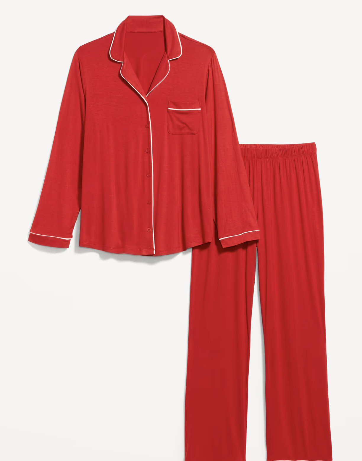 Old Navy Sunday Sleep red knit jersey pajama set with a long-sleeve button-front top, white piping and wide-leg pants
