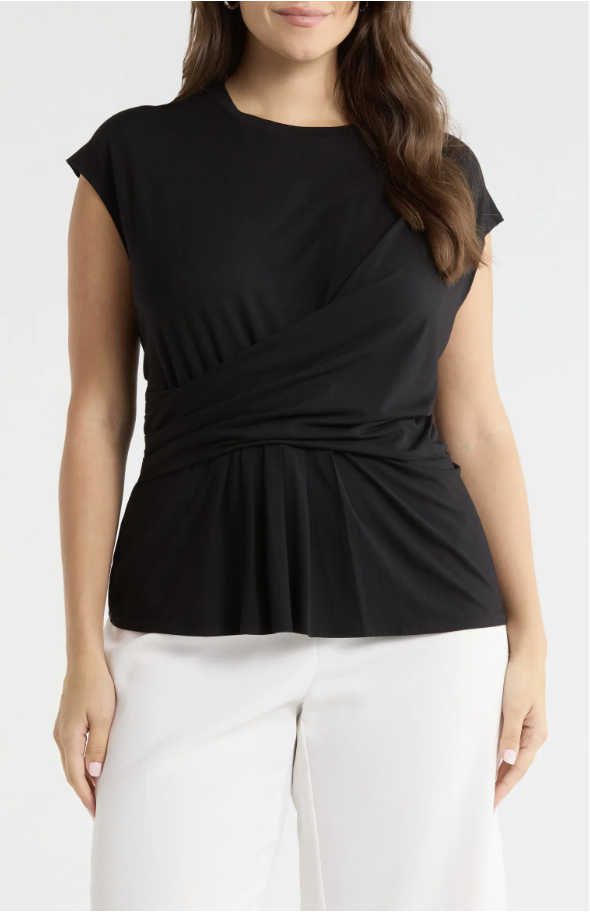 Nordstrom black drape-front top with a surplice neckline and stretch cap sleeves.
