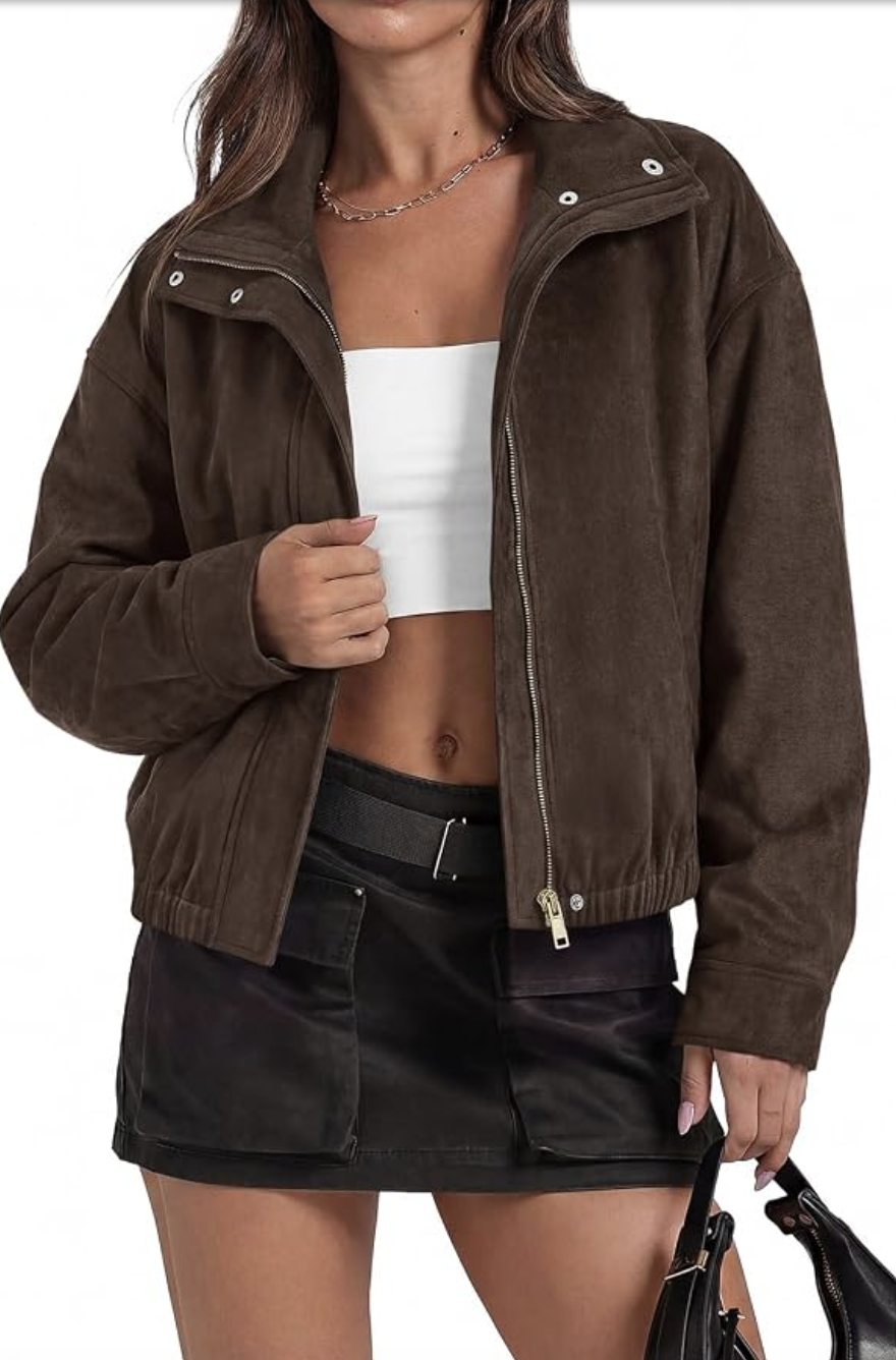 PRETTYGARDEN faux-suede bomber styled for fall, featured in an Autum Love guide