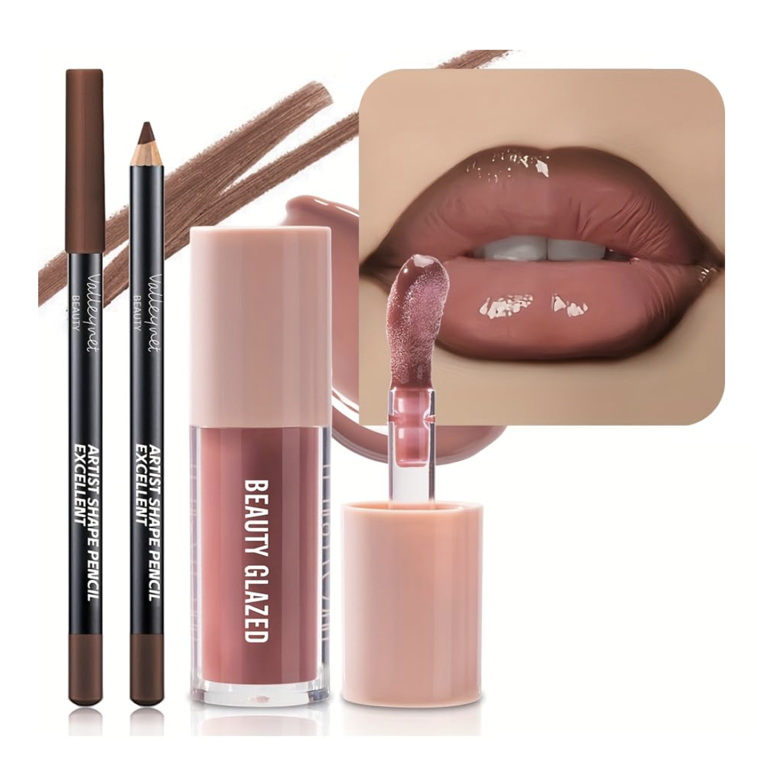 A Beauty Glazed dusty rose lip gloss with applicator alongside two brown brow shape pencils and a lip application swatch.