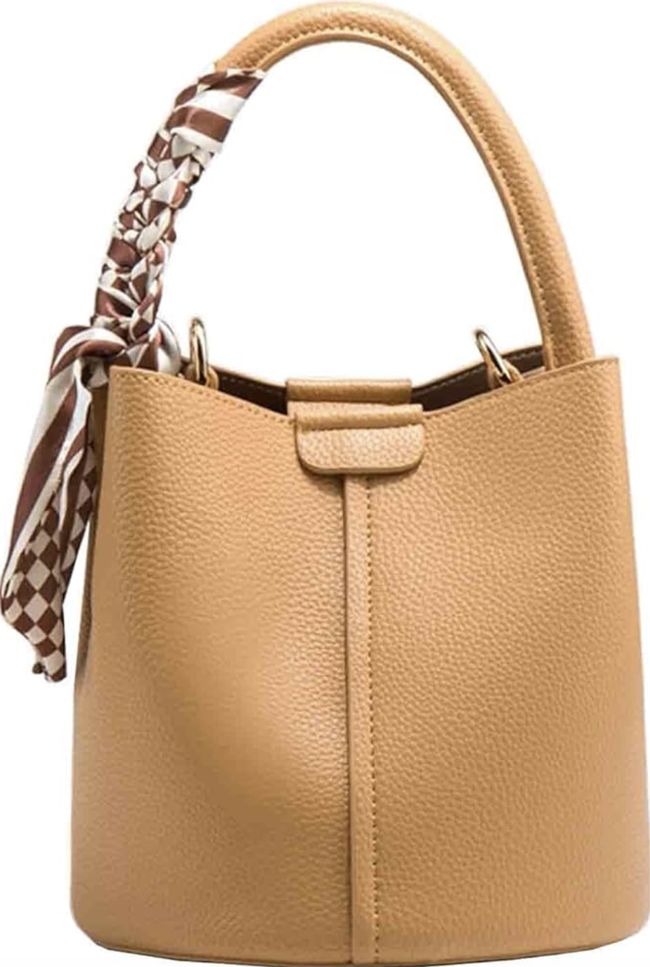 Camel tan structured leather bucket bag with checkerboard ribbon tie summer handbag under $100