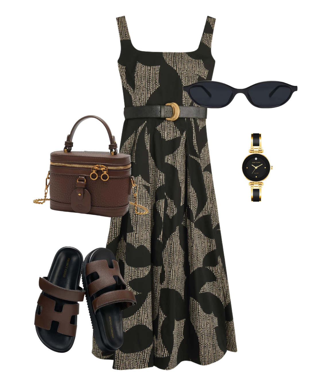 Flat lay of a Parisian summer outfit featuring a black and olive green print midi dress, brown slide sandals, a brown textured crossbody bag, a gold watch, and black sunglasses.