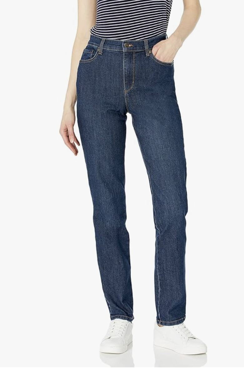 A pair of Gloria Vanderbilt Amanda pull-on high-rise jeans in a dark wash, featuring a smooth elastic waistband designed for tummy control and comfort.
