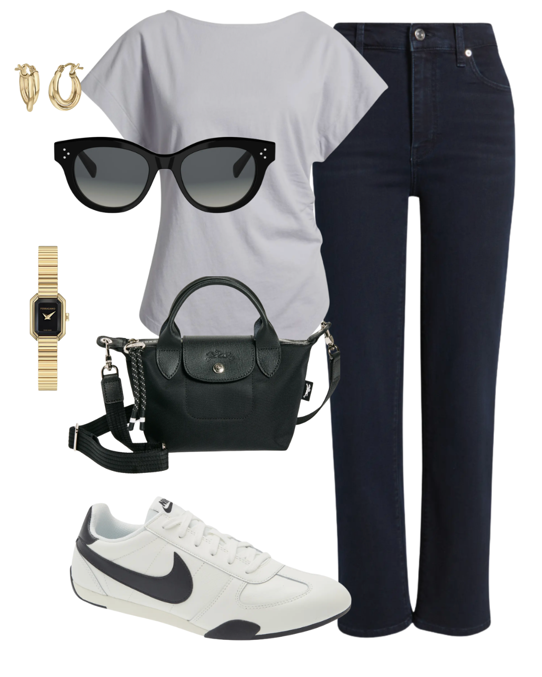 Flat lay of a city sightseeing outfit featuring a grey crewneck t-shirt, dark wash straight-leg jeans, white leather sneakers, a black crossbody bag, black cat-eye sunglasses, a gold watch, and gold hoop earrings.