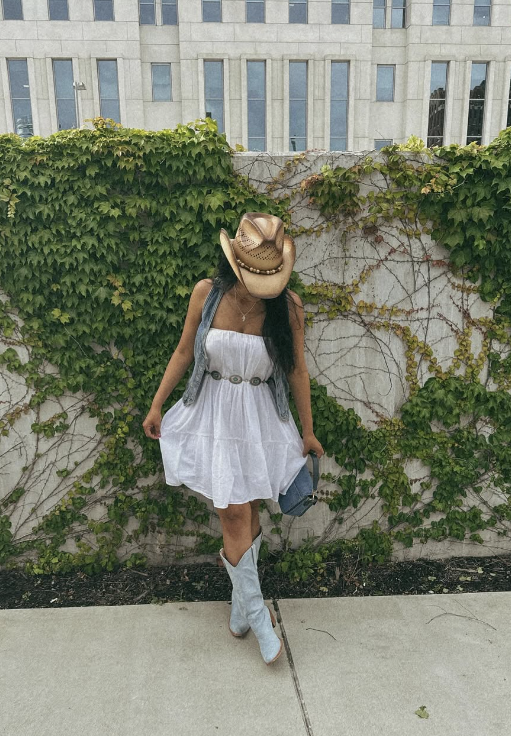 Full-length country concert outfit with white eyelet dress