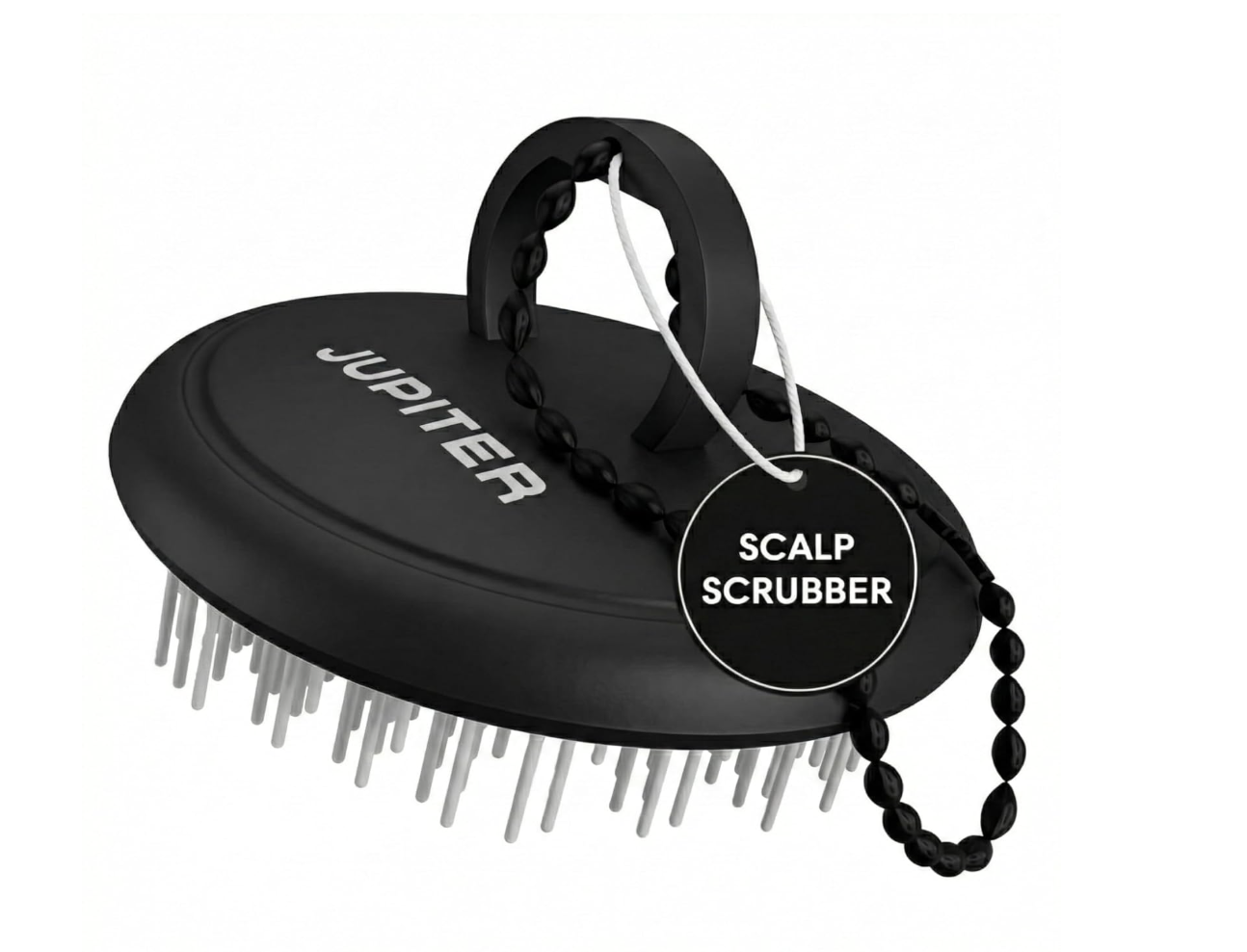 A black Jupiter Scalp Scrubber tool with a finger loop and beaded chain, specifically designed for exfoliating and relieving tension in protective styles.