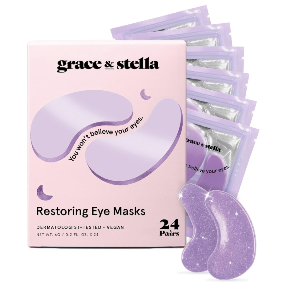 A box and individual packaging of grace & stella Retinol Under Eye Patches in a distinct pink and white design.