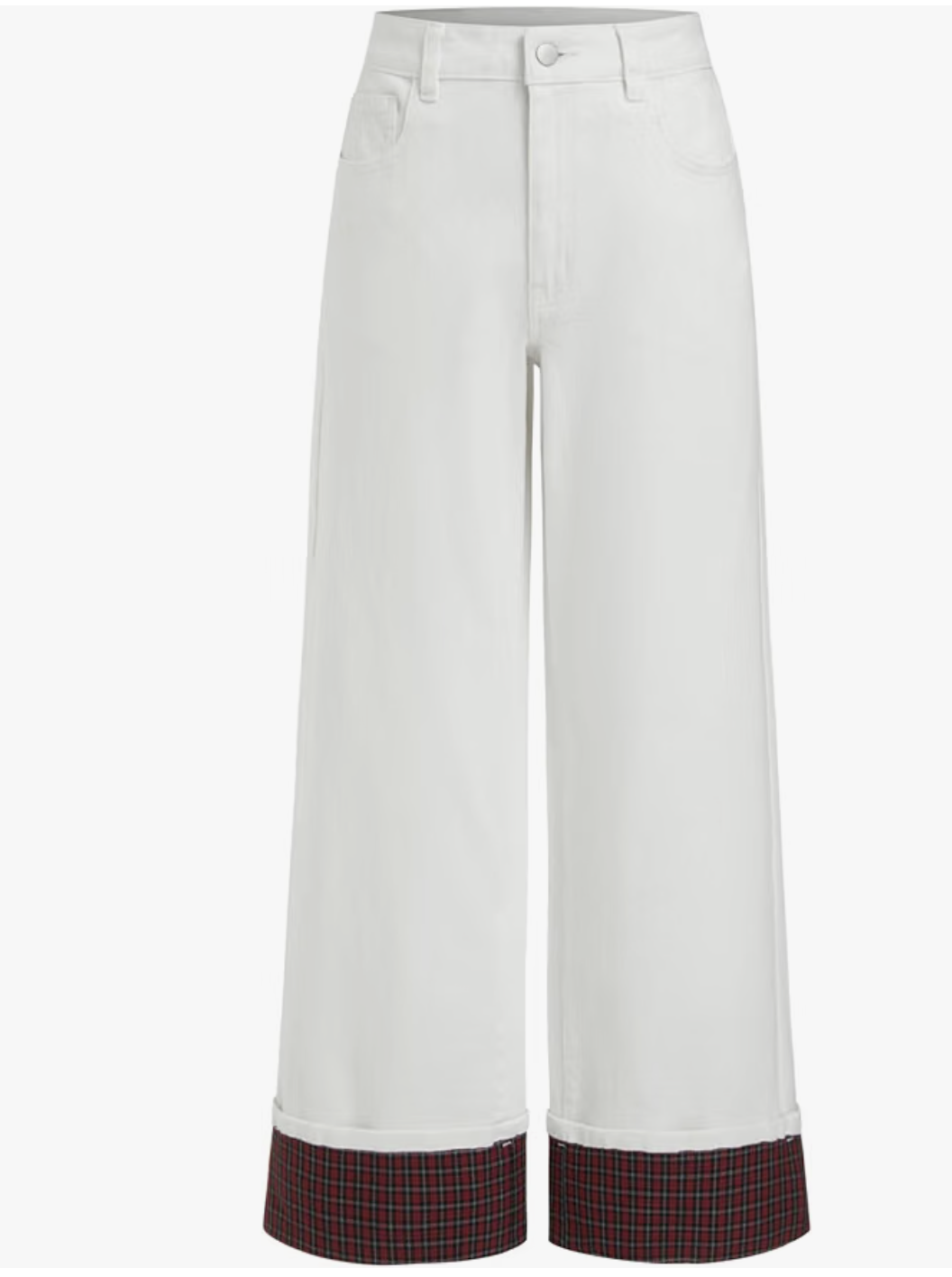 CIDER Plaid-Cuff Wide-Leg Jeans in white with a folded plaid cuff