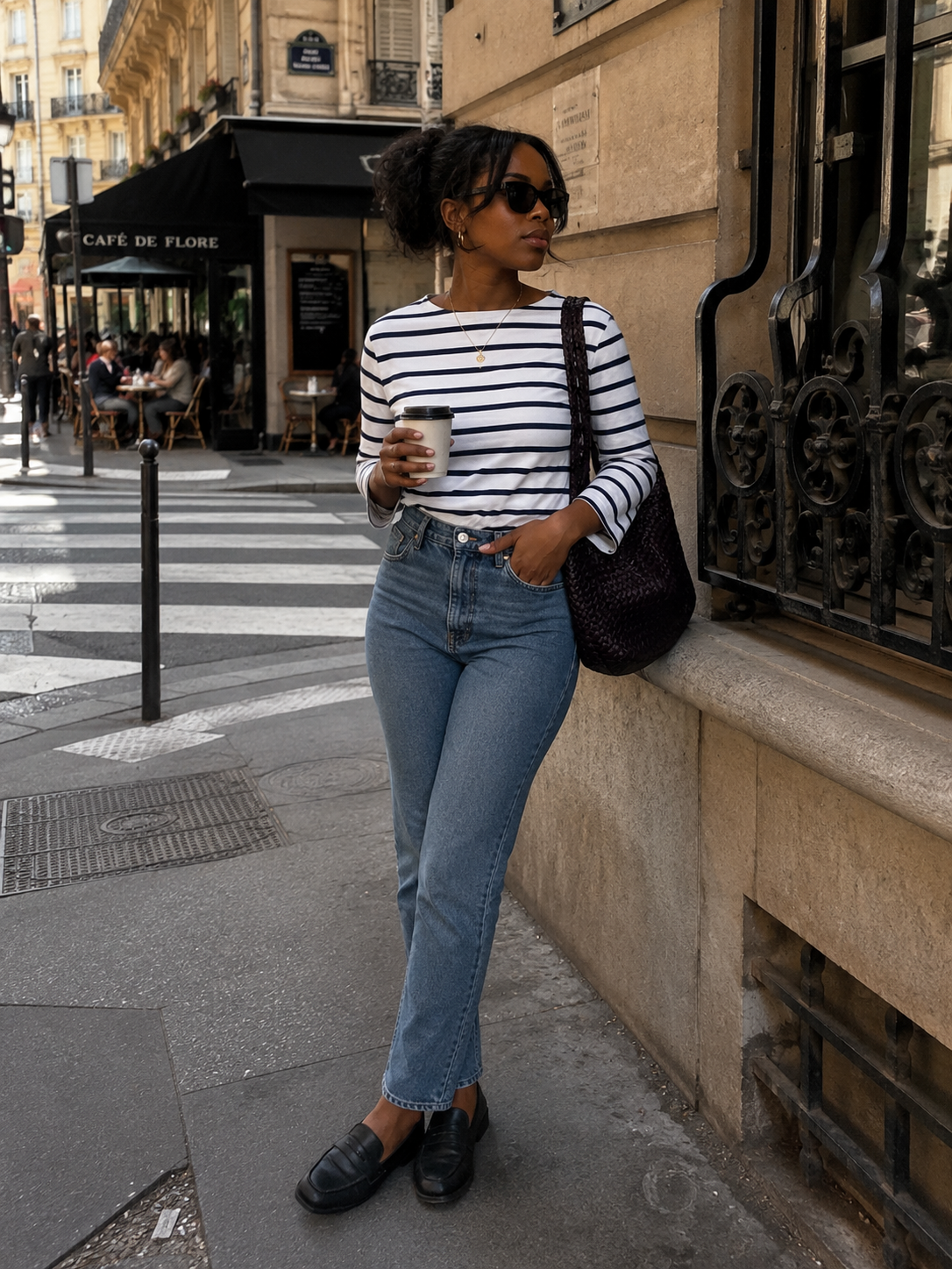 Person wearing a black and white striped Breton top, light wash cigarette jeans, and black leather loafers walking on a city street.