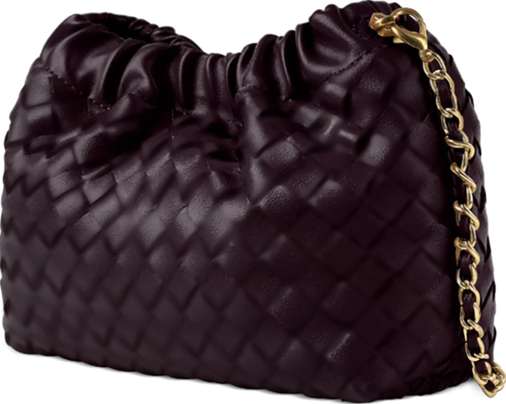 A dark brown handwoven vegan leather clutch with a soft, voluminous dumpling shape and a thin gold chain shoulder strap.