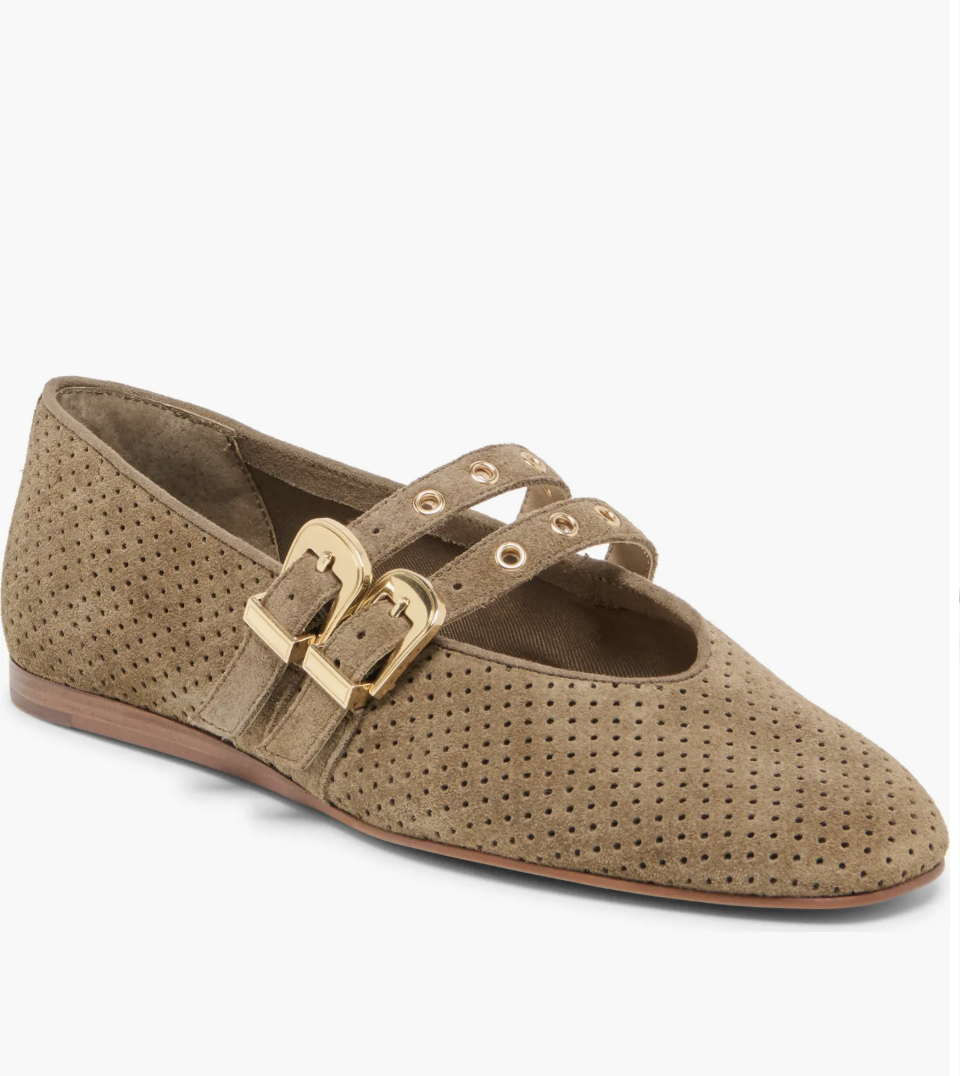 A tan suede Mary Jane flat for women by Dolce Vita featuring a pointed toe, grommet-studded straps, and double gold buckle details.