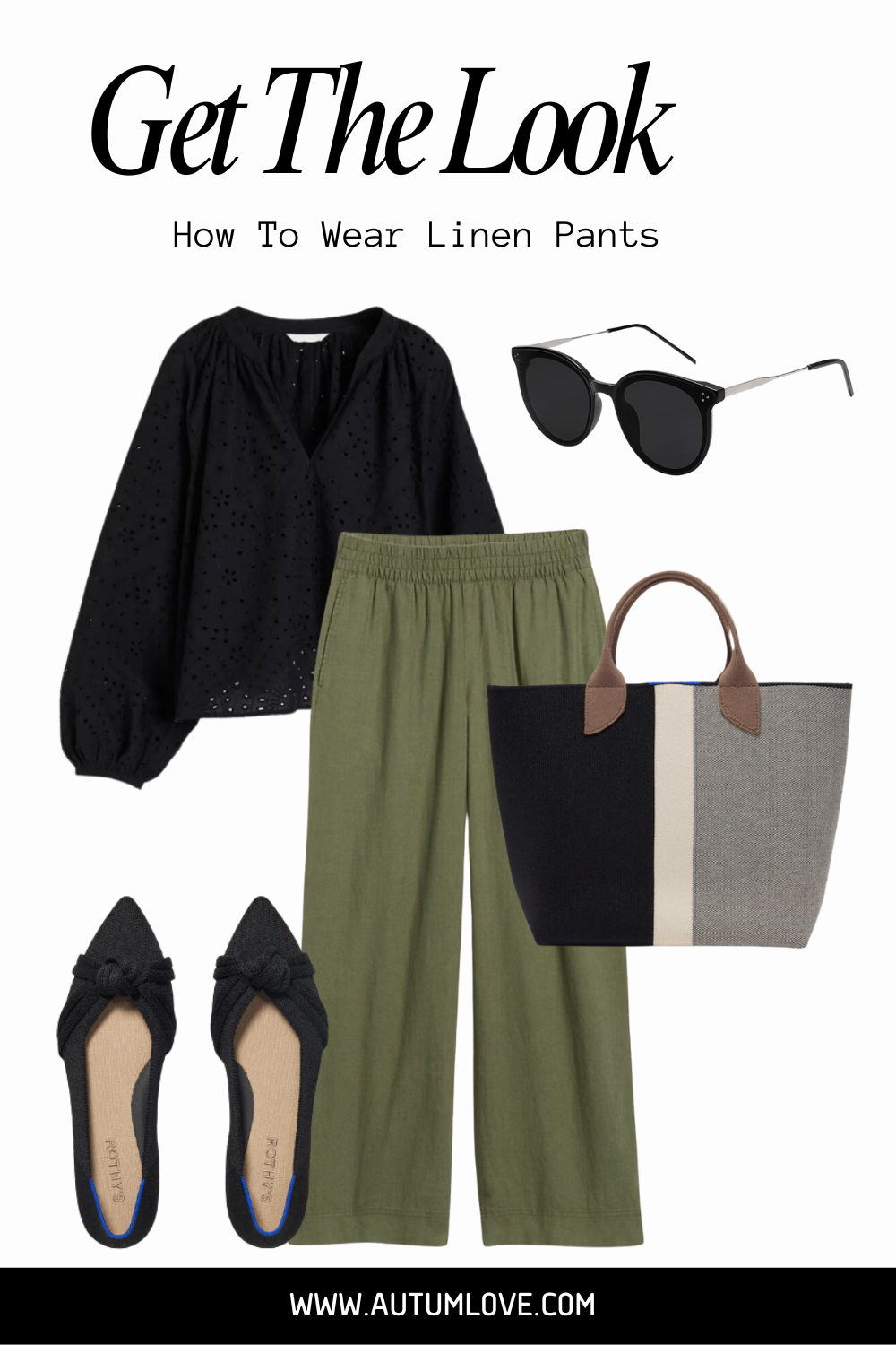 Chic summer outfit idea featuring olive green wide-leg linen pants, a black V-neck eyelet boho blouse, black pointed-toe flats, and a black tote bag.