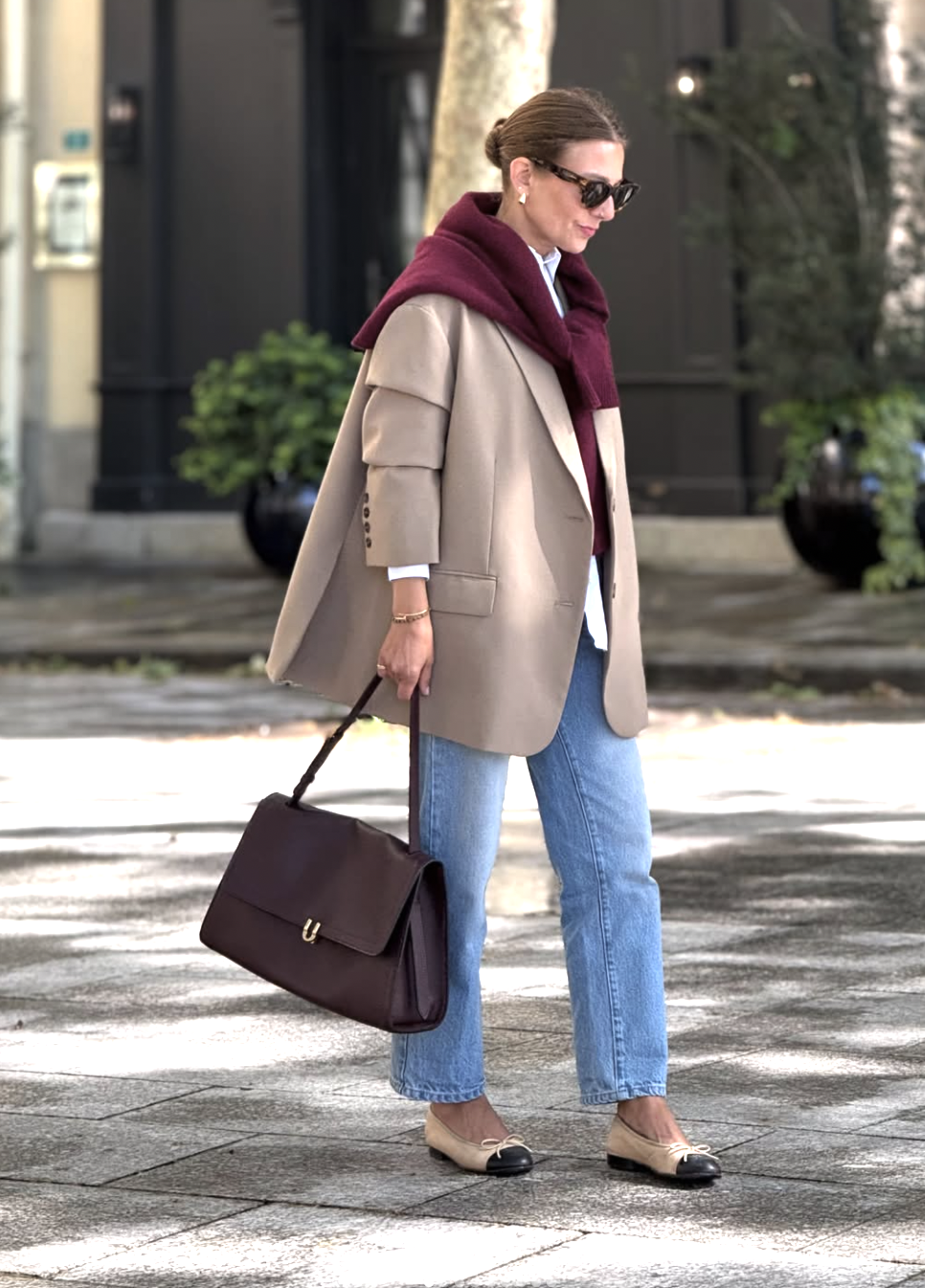 A burgundy cardigan worn as a top styled for fall, featured in an Autum Love guide