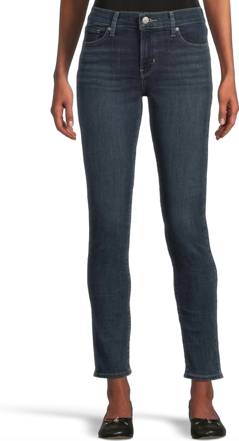 Rear and side view of Levi's 311 Shaping Skinny jeans featuring a tummy-slimming panel and strategic pocket stitching that pushes volume to the back.
