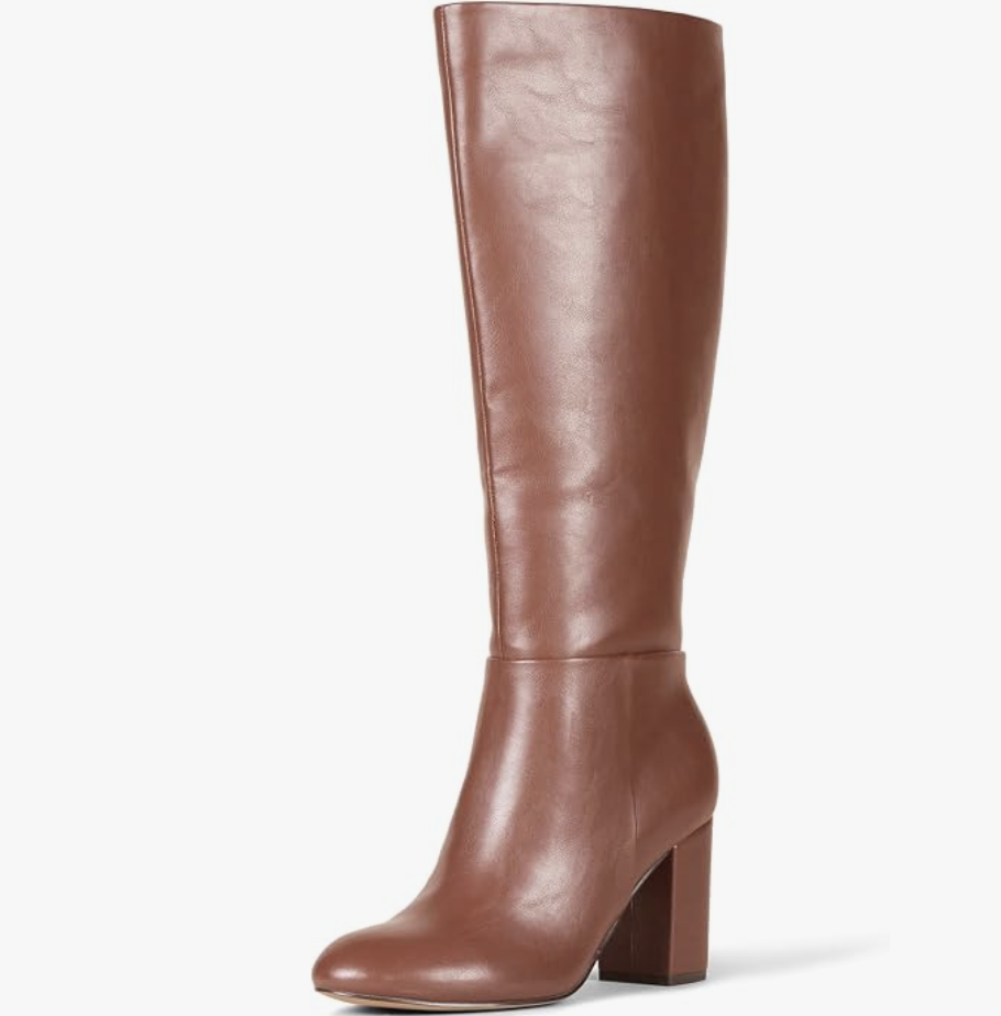 Chestnut-brown faux-leather Amazon Essentials tall boots with block heels.