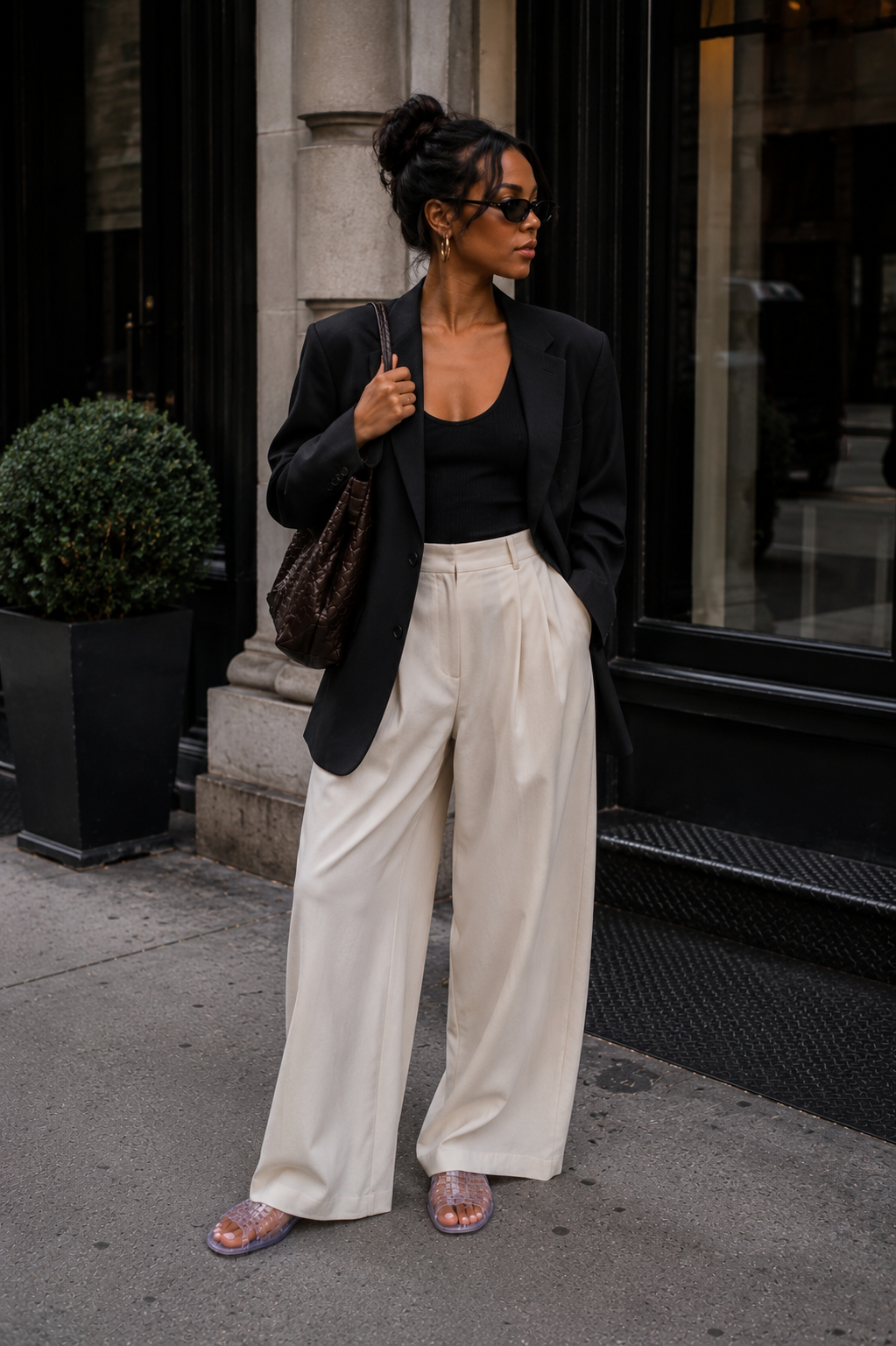 A woman standing on a city sidewalk wearing high-waisted pleated cream wide-leg trousers, a tucked-in black top, an oversized black blazer, black sunglasses, and pink jelly slide sandals.