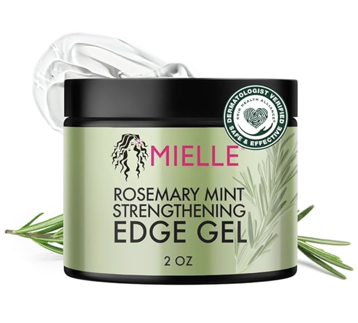A 2-ounce jar of Mielle Organics Rosemary Mint Strengthening Edge Gel with a sprig of fresh rosemary and mint leaves.