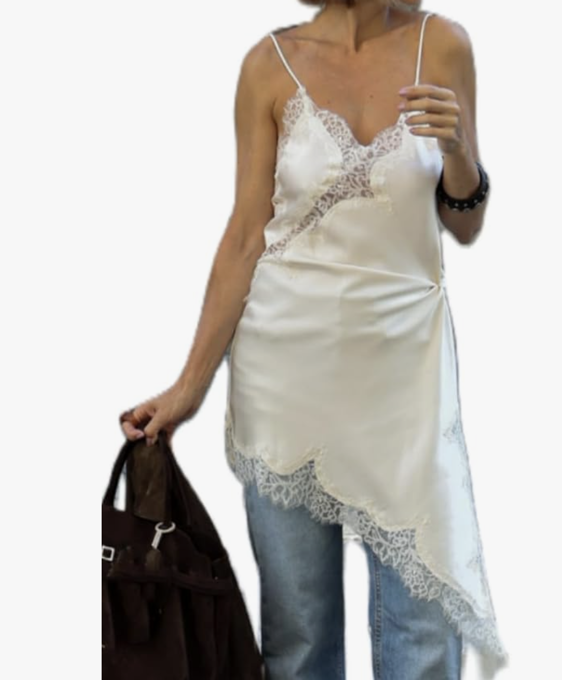 A pro stylist-recommended white lace trim satin long flowy tank top styled with jeans and a dark tote bag, demonstrating a delicate base layer for outfits.