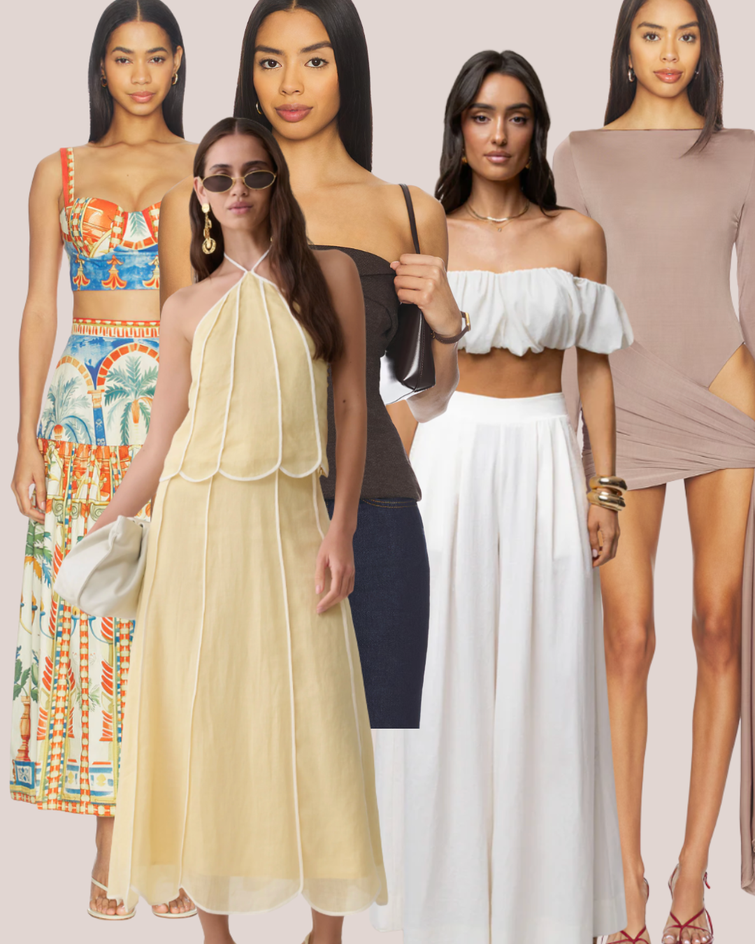 Four women standing side-by-side showcasing summer festival outfit ideas, featuring a vibrant printed maxi skirt set, a sheer pastel yellow tiered dress, an off-the-shoulder white top with a denim skirt, and a neutral beige bodycon dress.