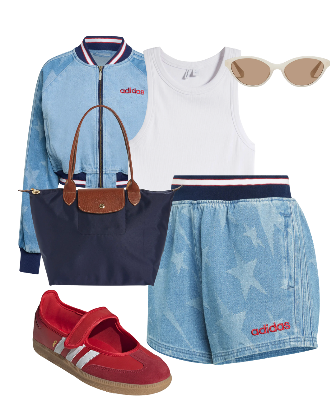 Flat-lay of a sporty-chic summer outfit featuring blue star-print track shorts, a white ribbed tank top, a light blue denim bomber jacket, a navy nylon Longchamp tote bag, red Adidas Mary Jane sneakers, and neutral cat-eye sunglasses.