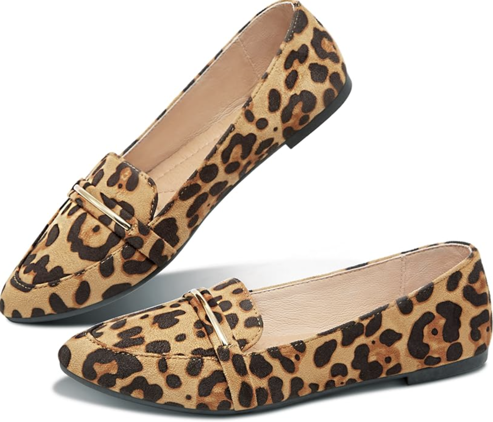 A pair of leopard print calf hair penny loafers with a gold metal bit detail and a slight block heel on a transparent background.