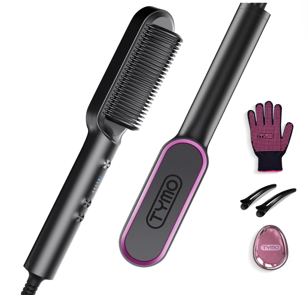 TYMO Ring hair straightener brush with 3D heating teeth on black background.