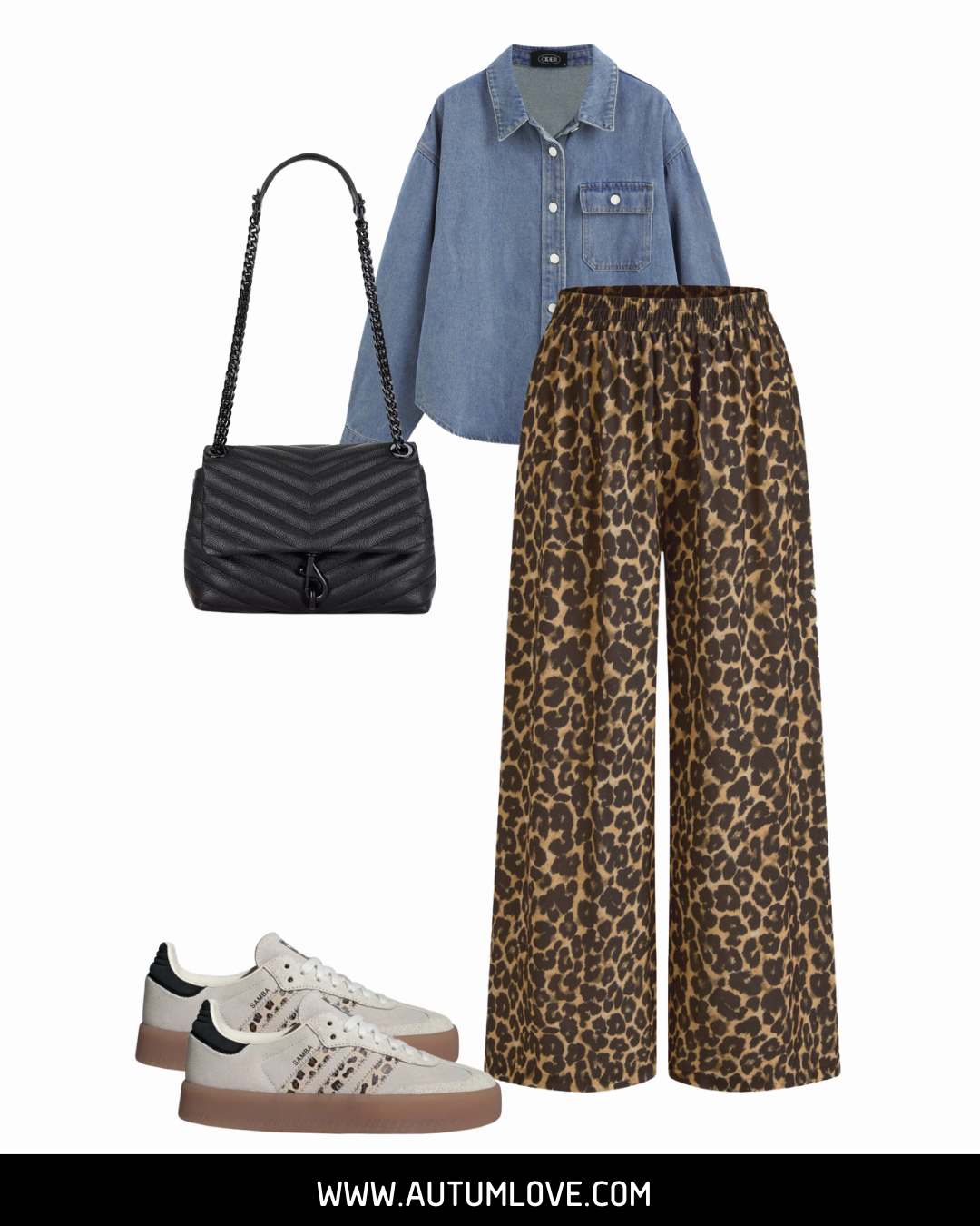 A flat-lay outfit featuring a blue denim shirt layered over leopard print wide-leg pants with a black quilted bag and sneakers, demonstrating the third piece rule to disguise a muffin top.