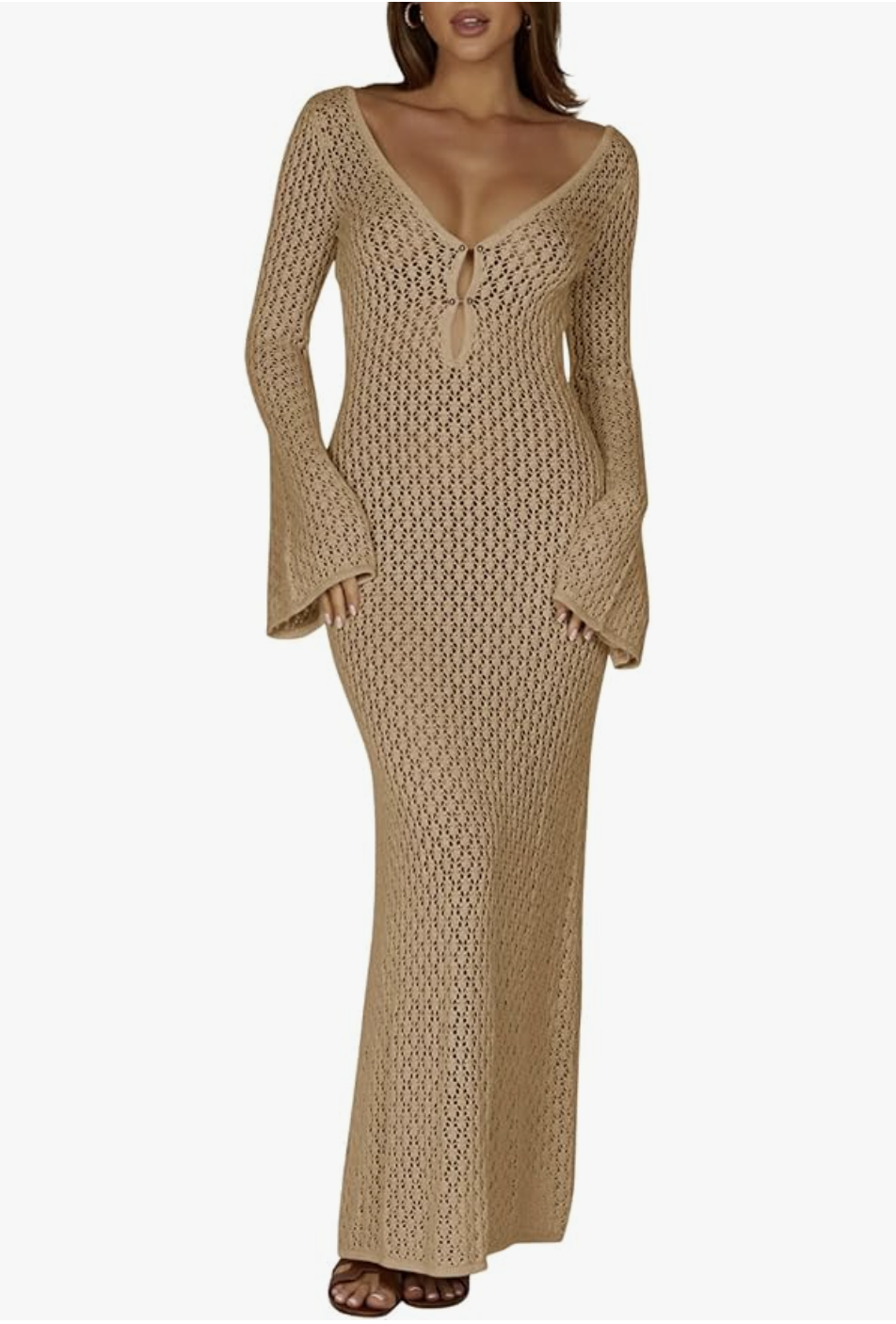Professional traveler's pick: a tan Amazon Crochet Maxi Cover Up dress with long flared sleeves and a cut-out tie-front detail, perfect for a breathable and wrinkle-free beach day.