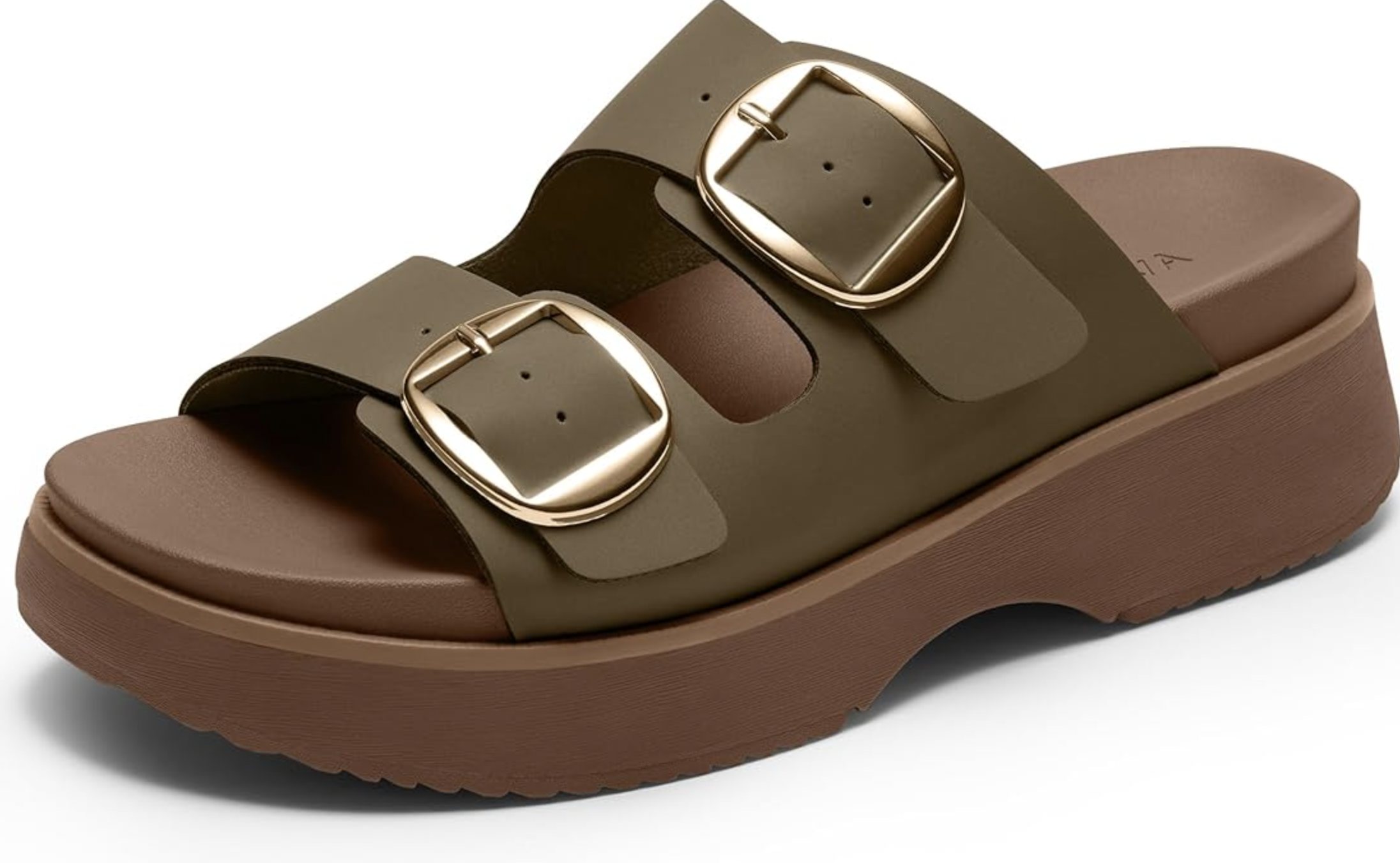 Khaki green Vilanva Orthopedic Platform Wedge Slides featuring a 2-inch shock-absorbing platform, dual adjustable gold buckles