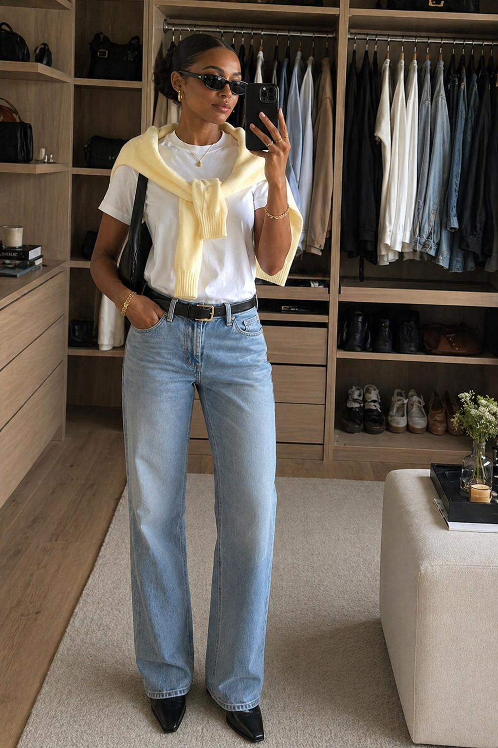 A woman styling a classic white t-shirt with light-wash straight-leg jeans, a yellow sweater draped over her shoulders, and a black belt.