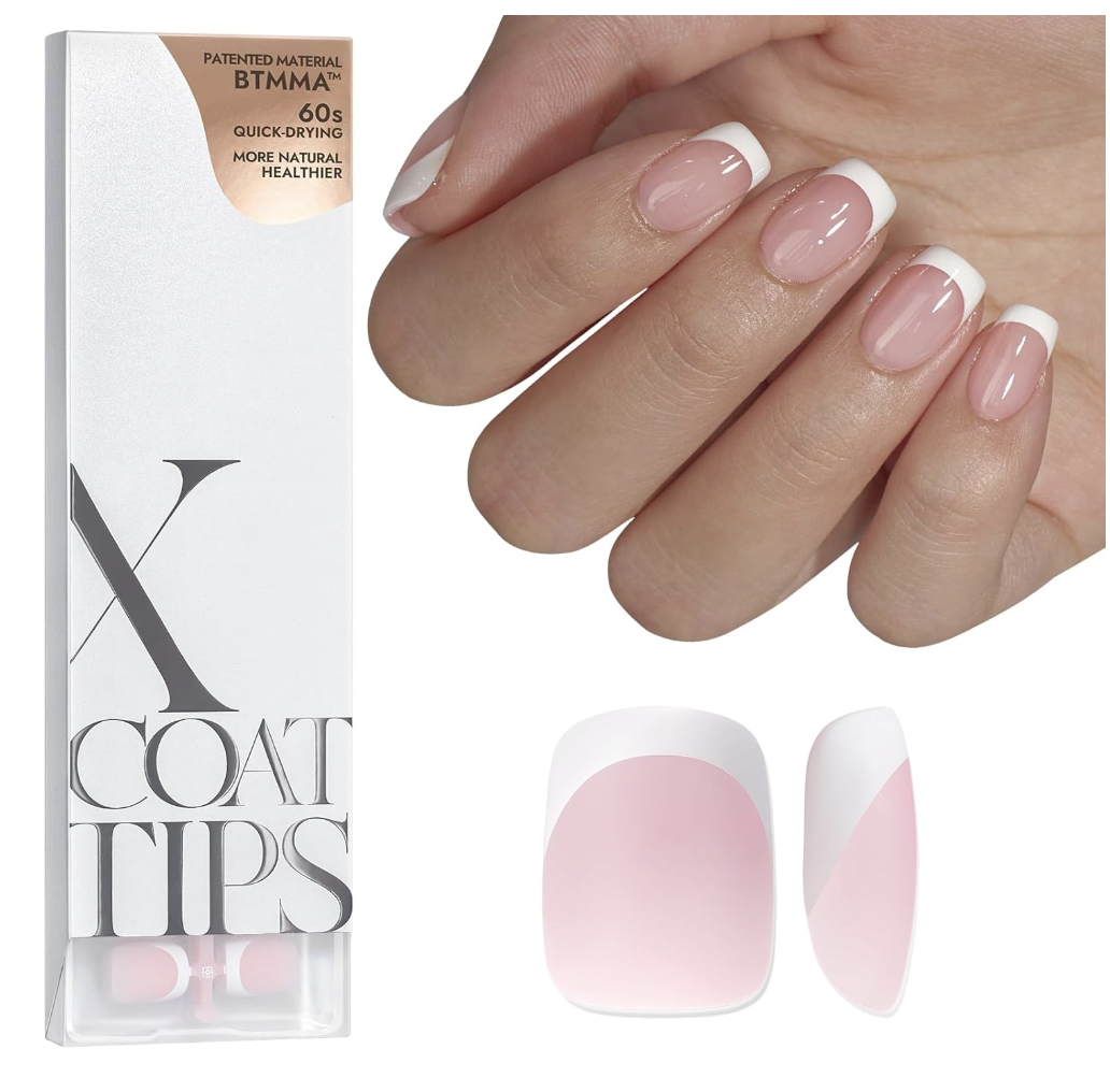 A box of BTArtbox X-Coat Tips French manicure press-on nails next to a hand wearing the finished almond-shaped pink and white design.