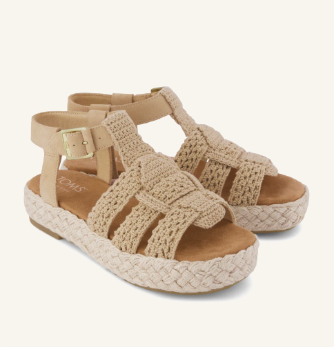 Caramel crochet TOMS Jac Fisherman Sandals featuring a platform espadrille sole with braided rope detailing and adjustable ankle straps.