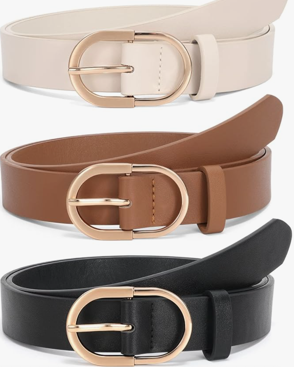 A set of two Leather Belts in chocolate brown and black, featuring classic gold oval buckles, shown as essential accessories for an Amazon work capsule wardrobe.