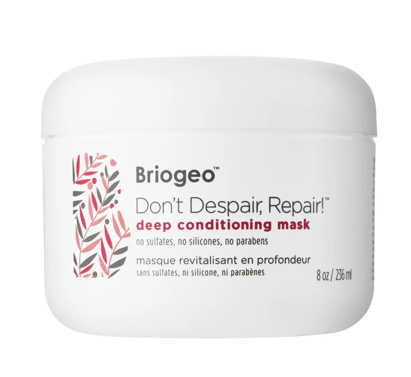 Briogeo Don’t Despair, Repair! Deep Conditioning Hair Mask in a white jar, featuring a clinical formula with B-vitamins and rosehip oil to strengthen and hydrate dry or damaged curls.