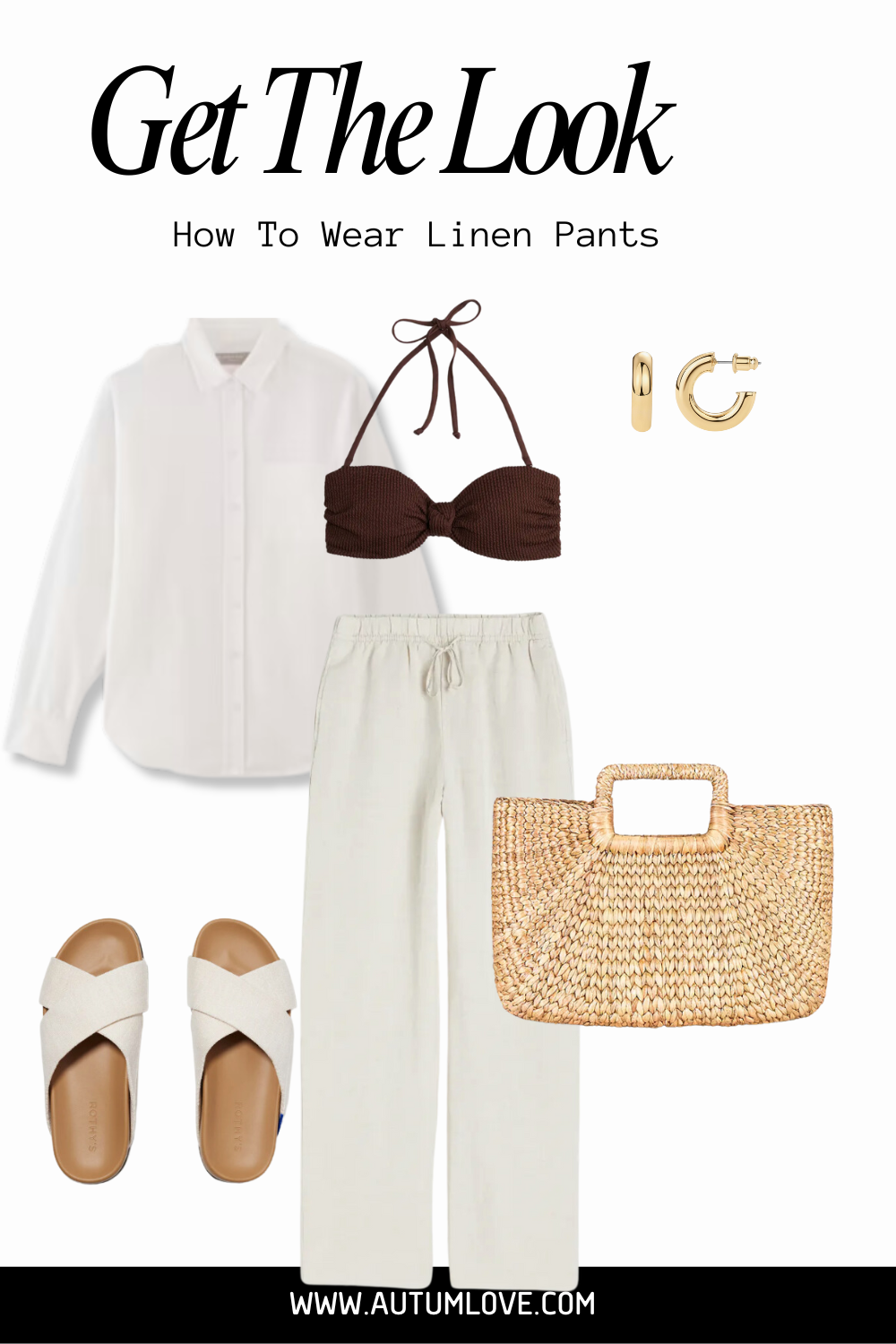 Beach-ready summer outfit featuring white wide-leg linen pants, a chocolate brown bikini top, an oversized white button-down shirt, and a straw tote bag.