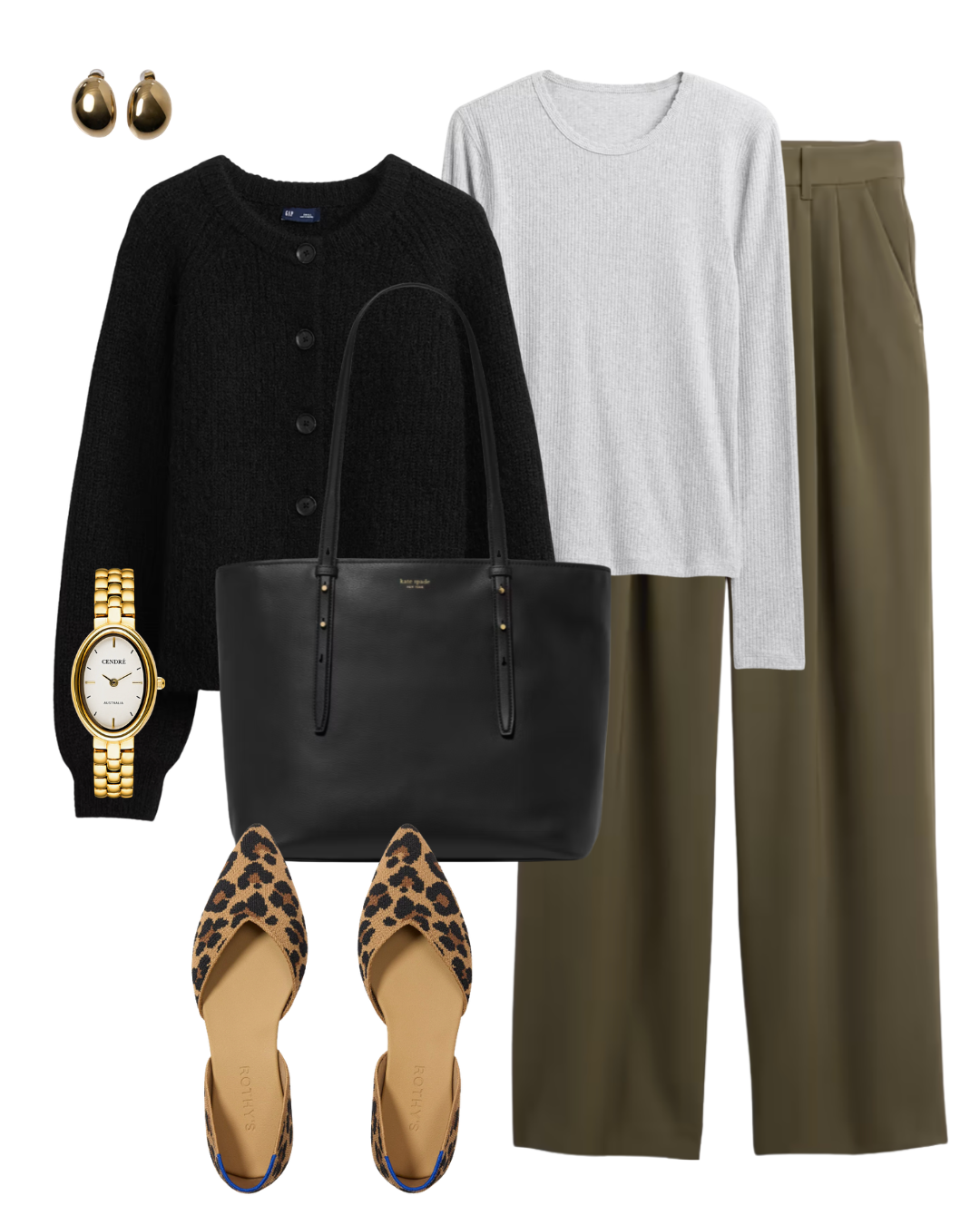 A curated flat lay of a smart-casual travel outfit featuring a black button-up knit cardigan, a grey crewneck top, pleated olive green trousers, leopard print pointed-toe flats, a black leather tote bag, a gold watch, and gold teardrop earrings.