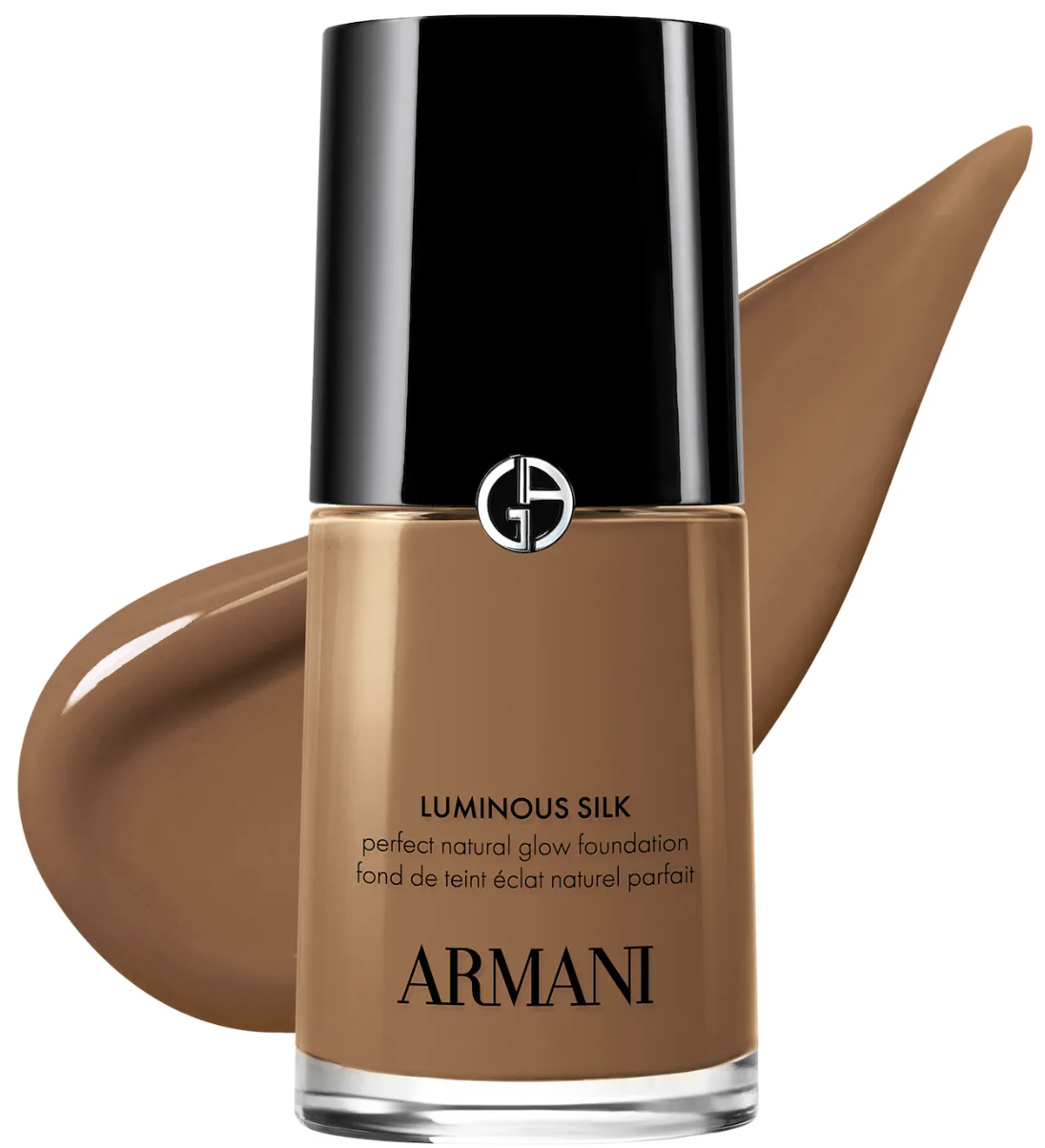 A close-up of the Armani Beauty Luminous Silk Foundation bottle showing liquid makeup swatched smoothly in the background.