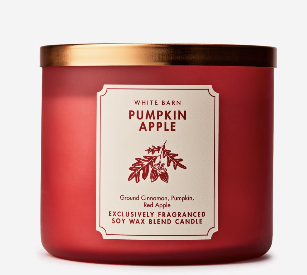Bath & Body Works Pumpkin Apple three-wick candle.