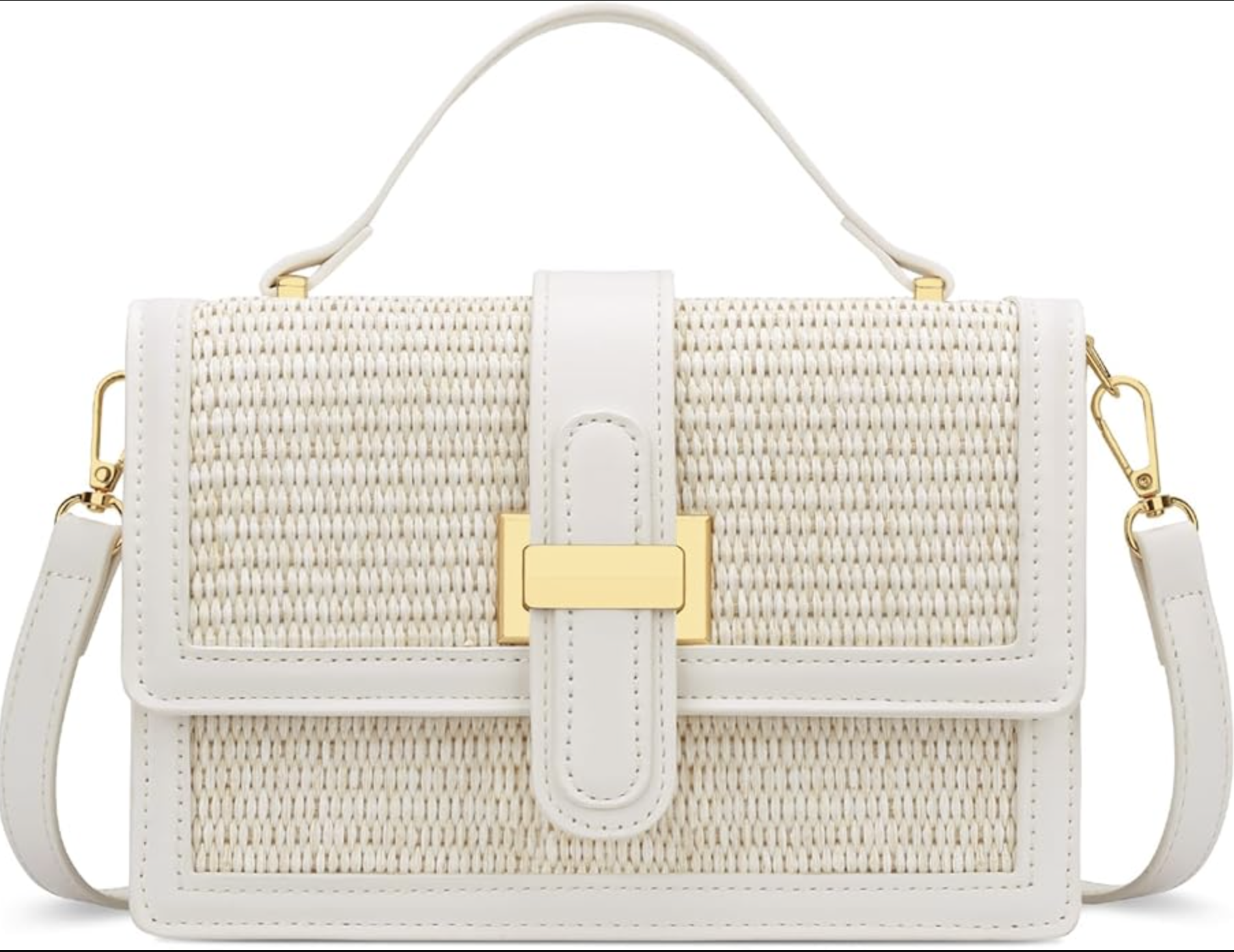 A close-up of a stylish cream-colored woven raffia crossbody handbag featuring structured white faux-leather trim, a top handle, a matching white shoulder strap, and a prominent gold rectangular clasp closure.