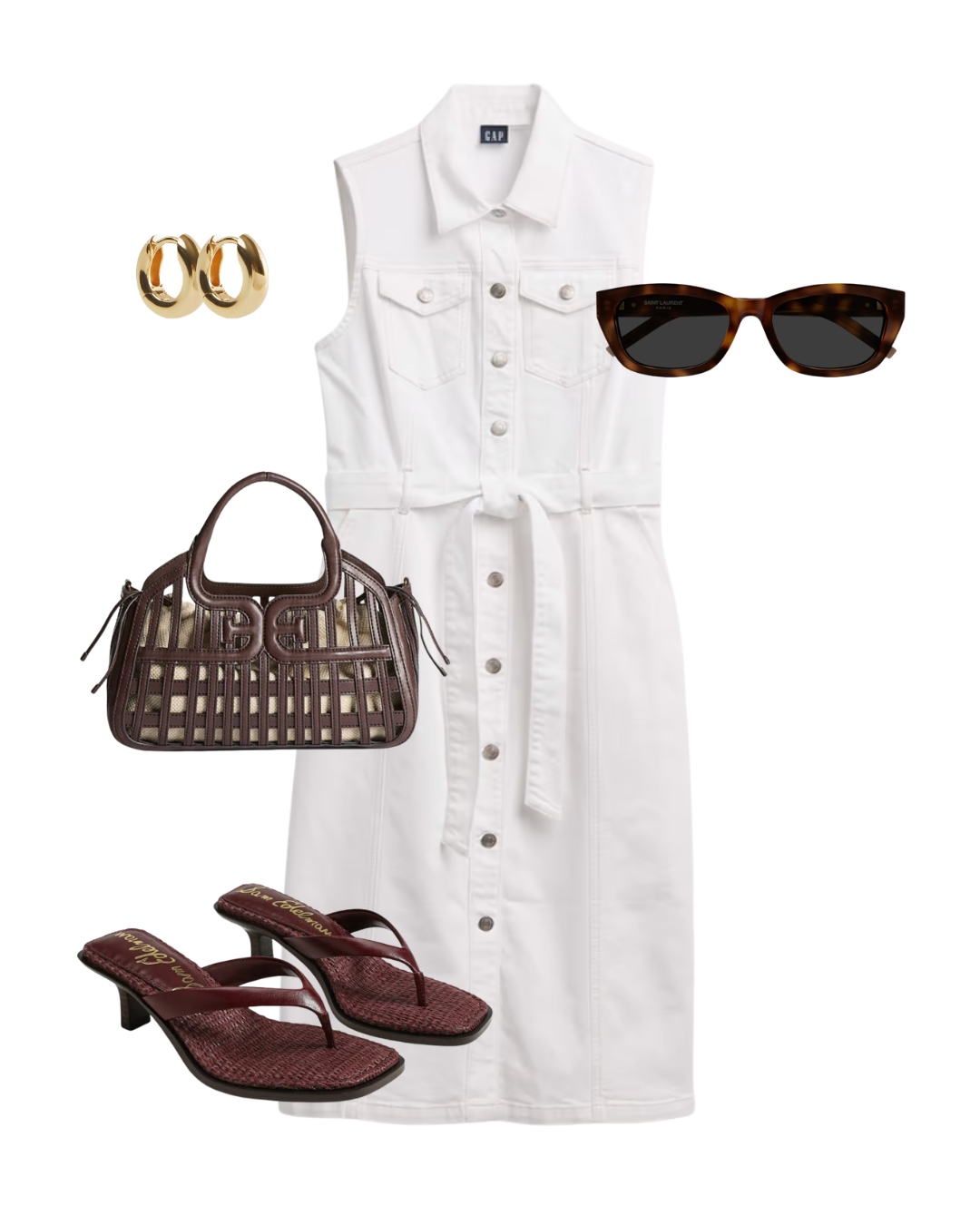 A chic evening flat lay featuring a white button-up midi dress with a belted waist, dark plum kitten heels, a woven brown leather handbag, thick gold hoops, and tortoiseshell sunglasses.