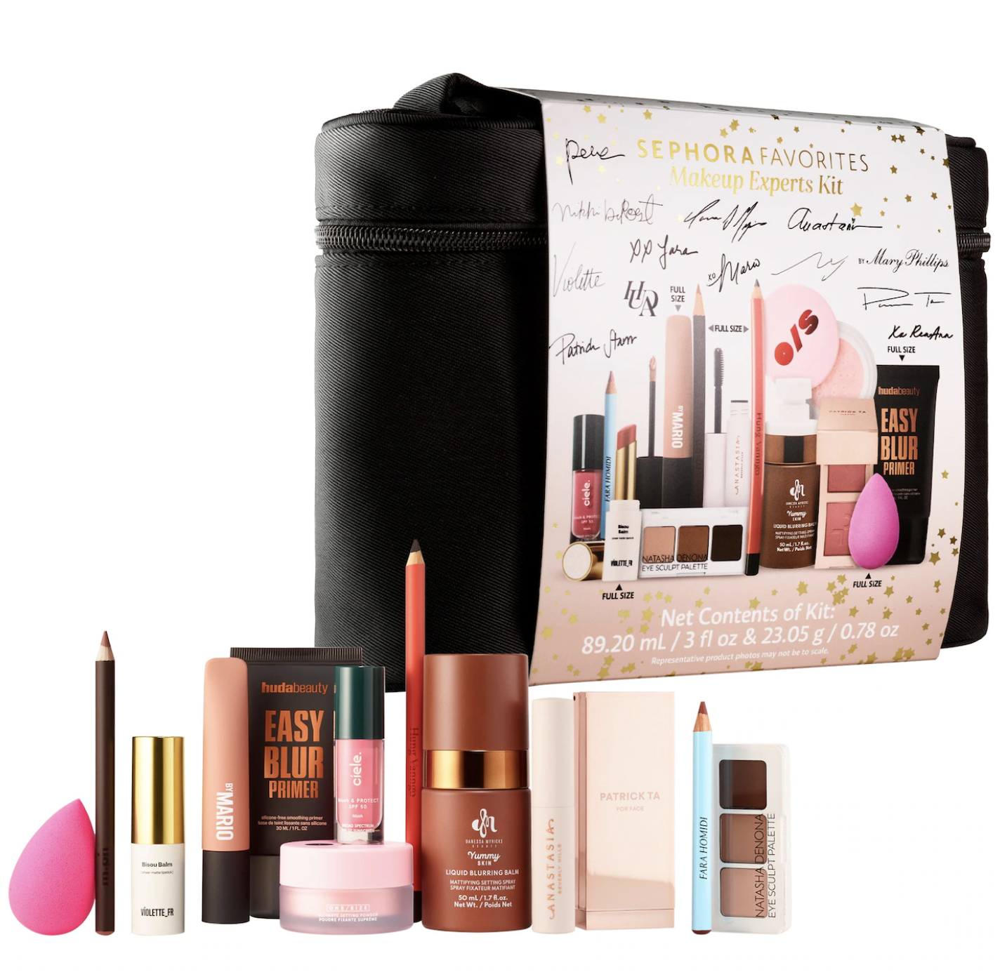 Sephora Favorites Holiday Must-Haves gift set featuring an assortment of skincare, makeup, and hair care products next to a black travel pouch.